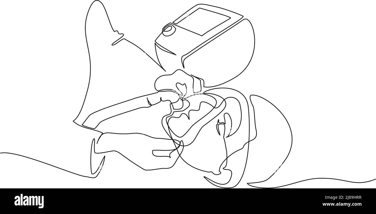 Il personale medico installa il dispositivo per la ventilazione polmonare. Disegno continuo su una linea. Illustrazione vettoriale simbolo COVID-19. Concetto di Coronavirus Illustrazione Vettoriale