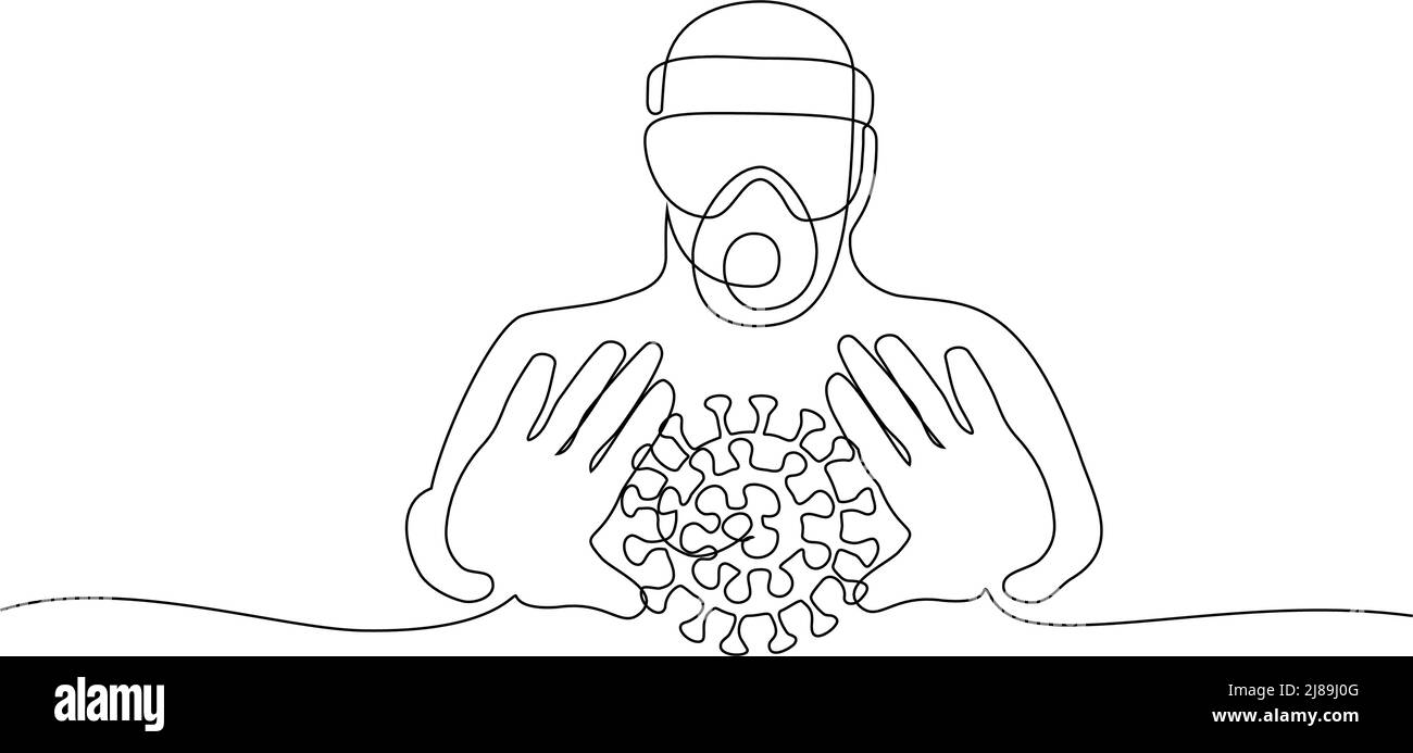 Il personale medico combatte il simbolo del coronavirus. Disegno a una linea. Illustrazione vettoriale concetto di segno COVID-19 Illustrazione Vettoriale
