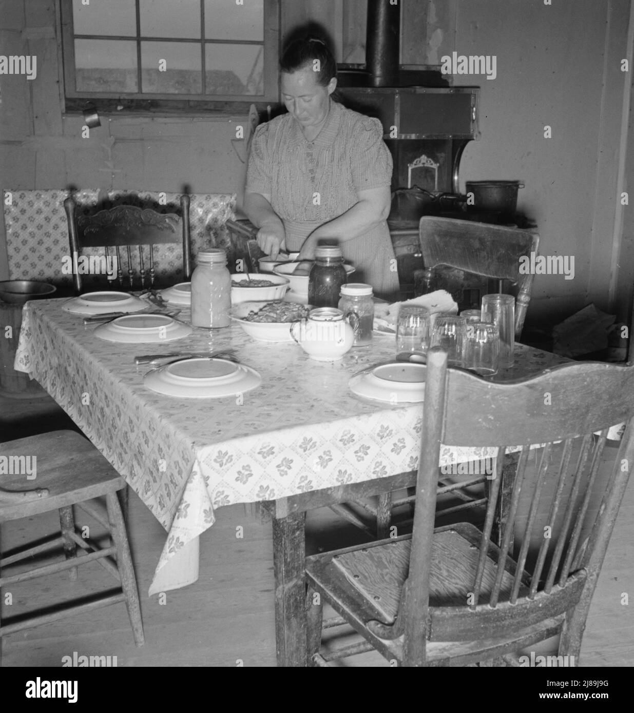 La signora Wardlow cuoce il proprio pane nella sua casa in pezzatura. Dead Ox Flat, contea di Malheur, Oregon. [Notare le piastre capovolte per evitare la contaminazione da mosche]. Foto Stock