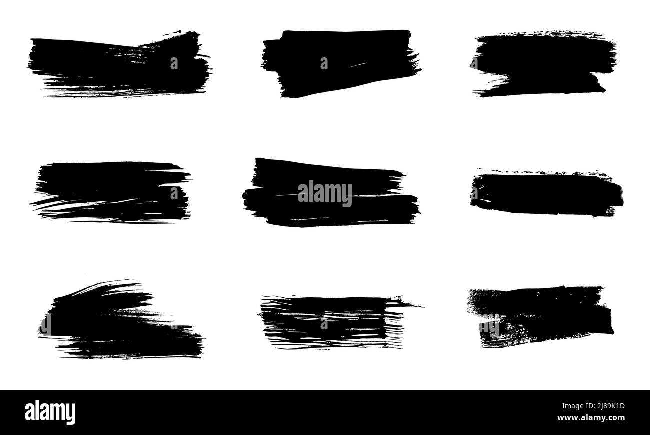 Pennellate. Set di pennelli vettoriali, tratto pennello inchiostro. Elementi di design in stile grunge. Campi di testo lunghi. Collezione di striscioni grunge texture. Gli oggetti disegnati grossolano sono isolati su sfondo bianco. Illustrazione Vettoriale
