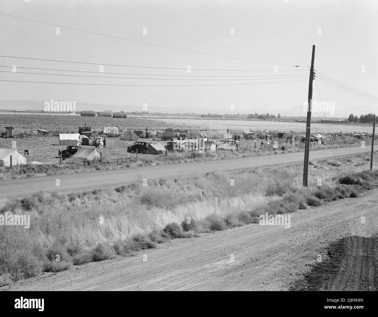 Accampamento di raccoglitori di patate migranti visto da capannone di patate attraverso la strada. Contea di Siskiyou, California. Foto Stock