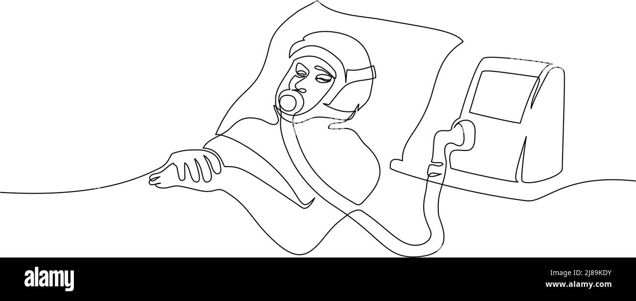 Uomo con dispositivo installato per la ventilazione polmonare. Disegno continuo su una linea. Illustrazione vettoriale simbolo COVID-19. Concetto di Coronavirus Illustrazione Vettoriale