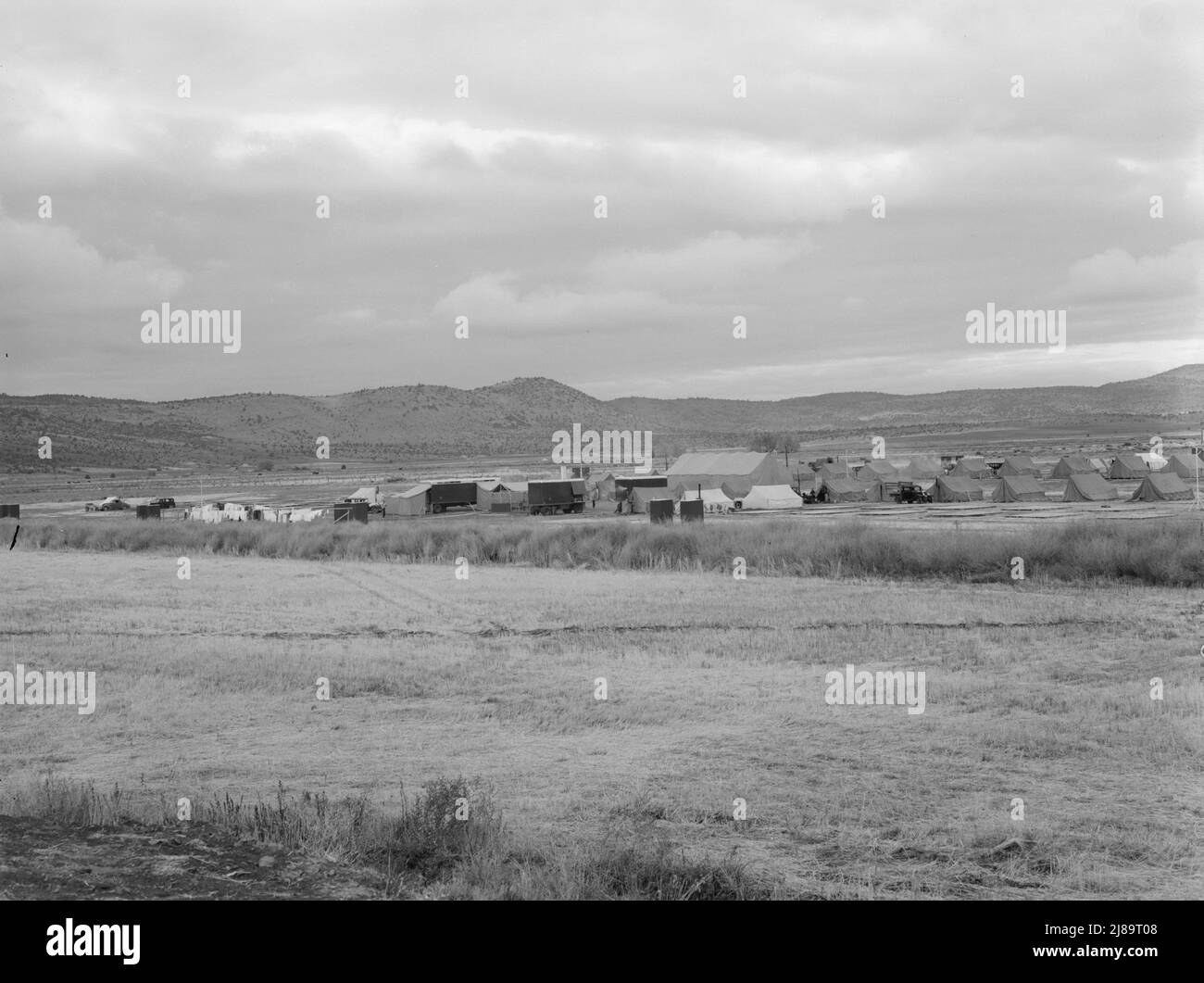 Ampia vista della prima unità mobile di campo (FSA - Farm Security Administration), situata nel bacino di Klamath, Oregon. [Nota docce maschili e femminili nei rimorchi a sinistra]. Foto Stock
