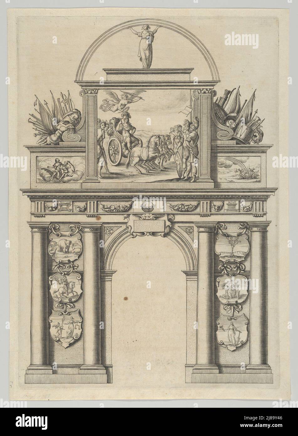 Arco trionfale, da '&#xc9;loges et discours sur la triomphante r&#xe9;ception du Roy en sa ville de Paris ...' di Jean-Baptiste de Machault, 1629. Foto Stock