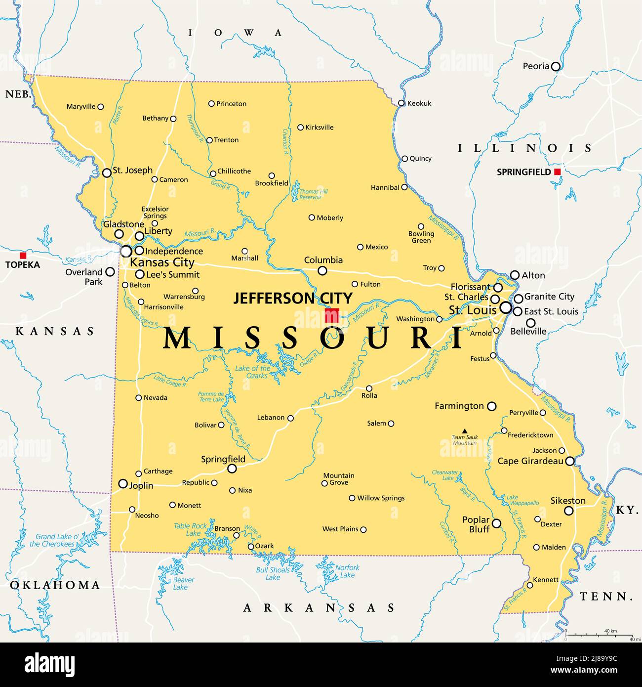 Missouri, MO, mappa politica, con Jefferson City capitale, e le città più grandi, laghi e fiumi. Stato nella regione Midwest degli Stati Uniti. Foto Stock