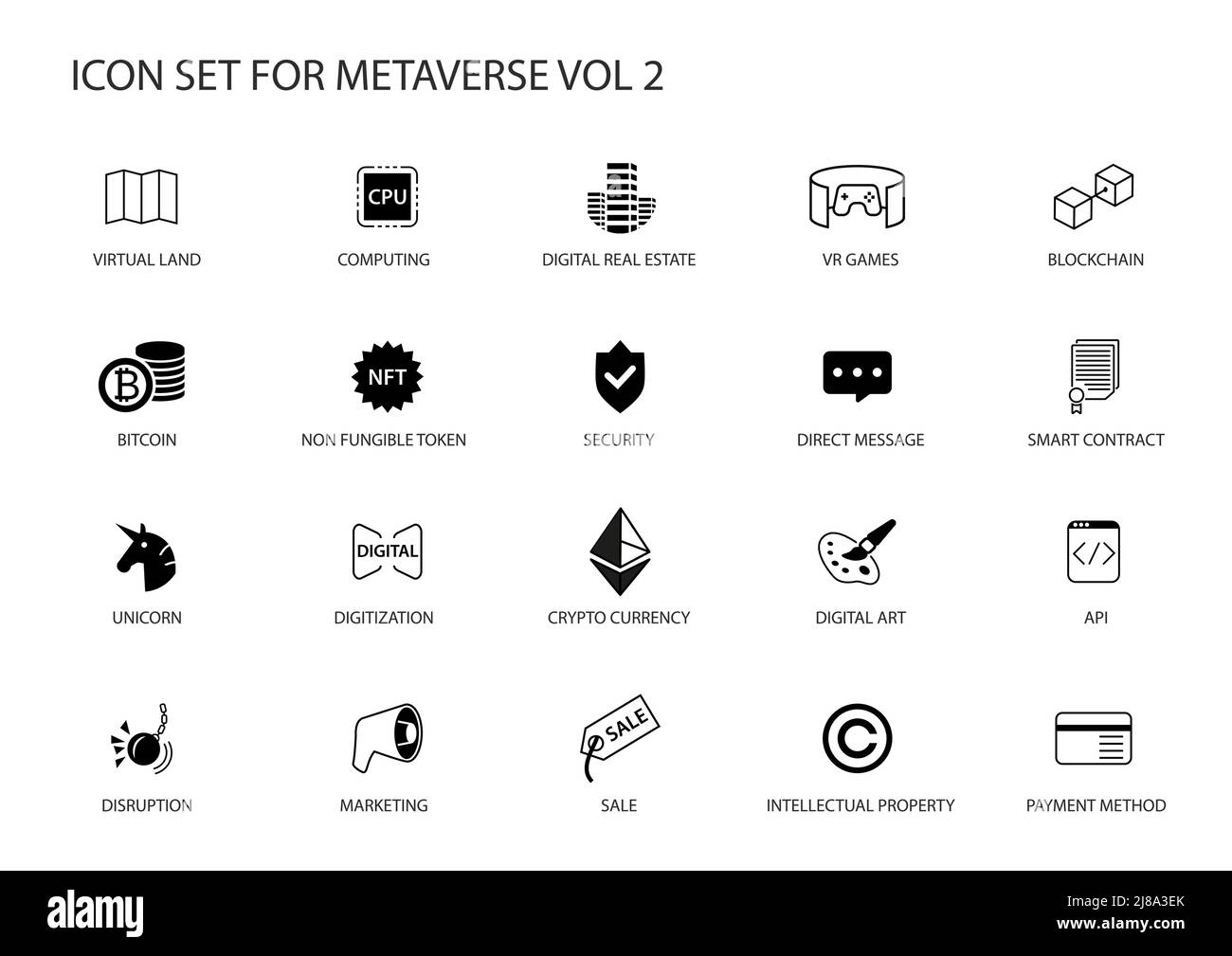 Set di icone del vettore metaverse. Vari simboli per il concetto di meta verso. Illustrazione Vettoriale