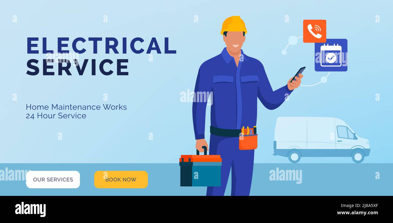 Elettricista che tiene uno smartphone e ricevere chiamate, servizio elettrico professionale su chiamata Illustrazione Vettoriale