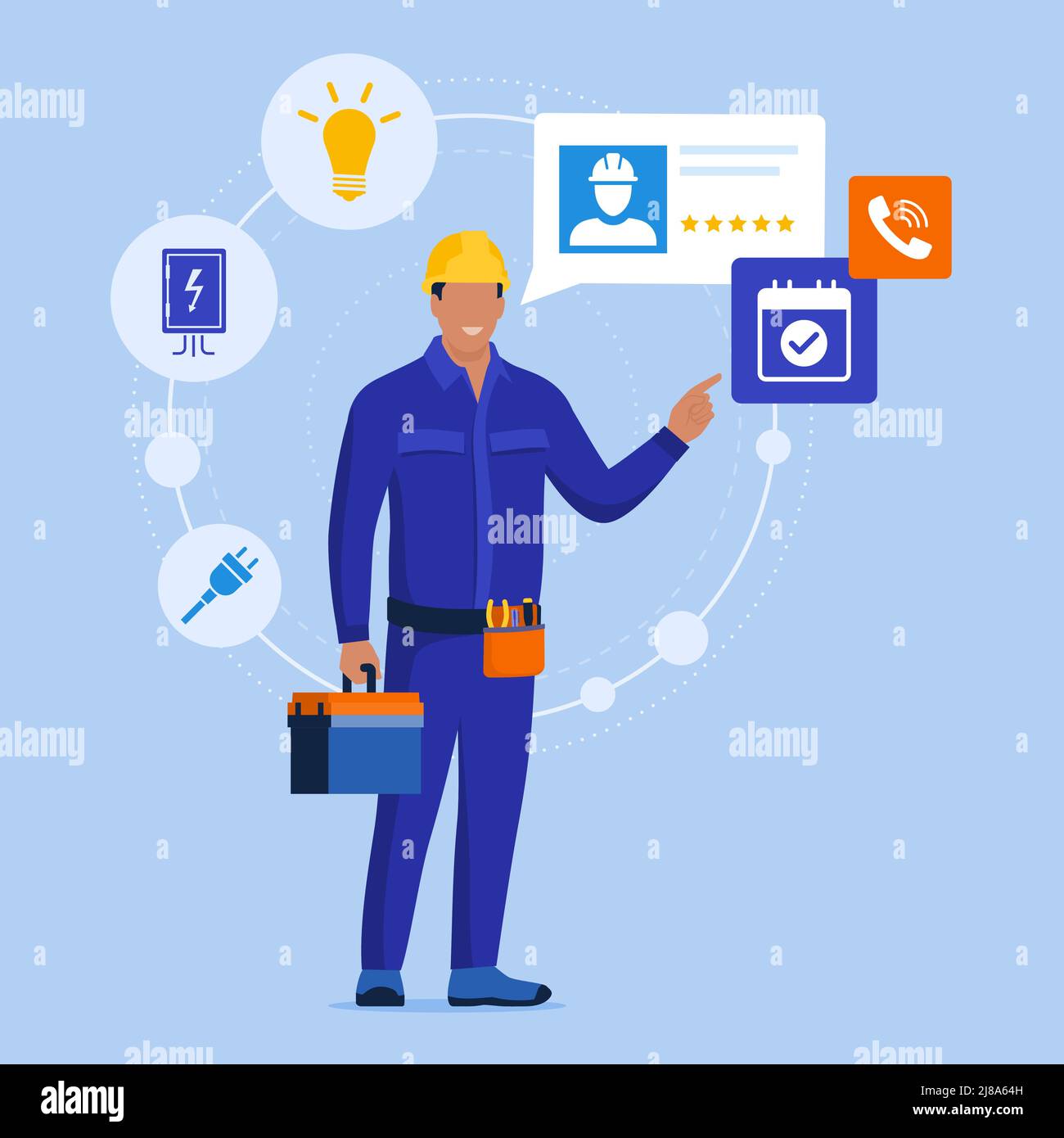Elettricista professionista che presenta i suoi servizi e ricevere le chiamate, concetto di servizio elettrico in linea Illustrazione Vettoriale