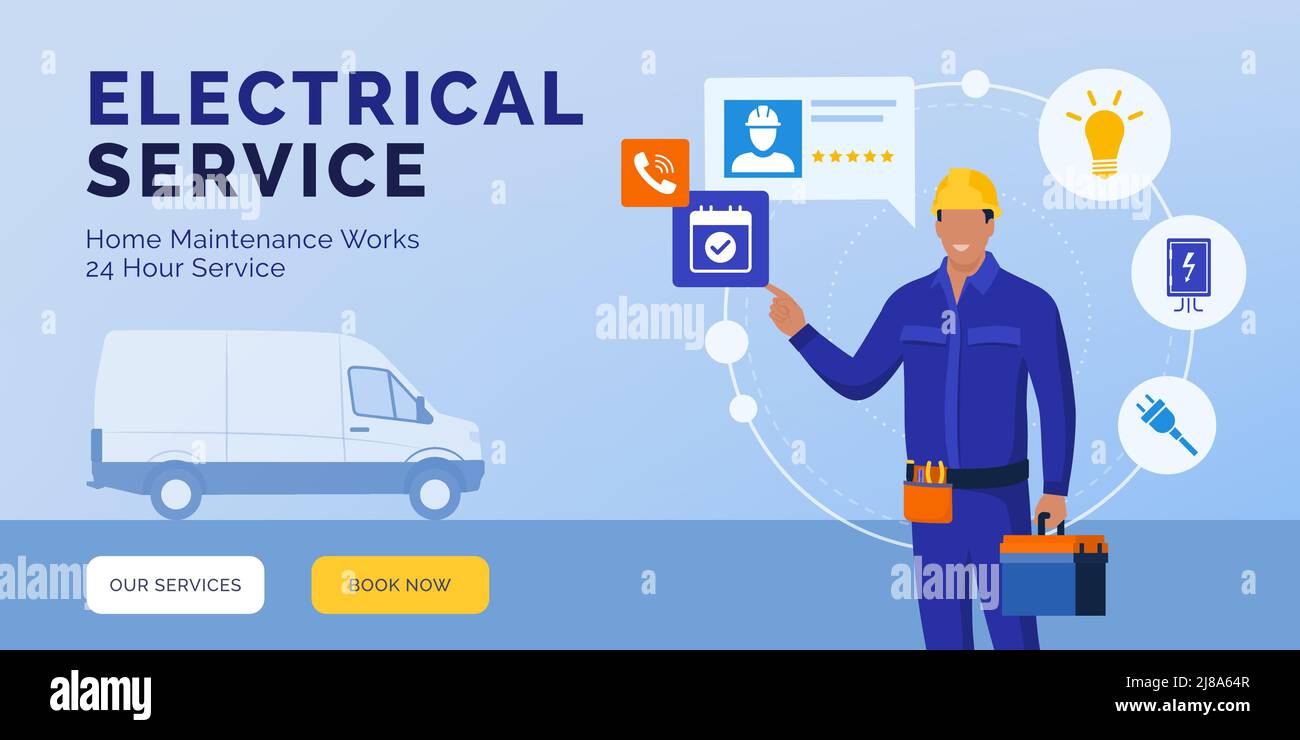 Elettricista professionista che presenta i suoi servizi e ricevere le chiamate, concetto di servizio elettrico in linea Illustrazione Vettoriale