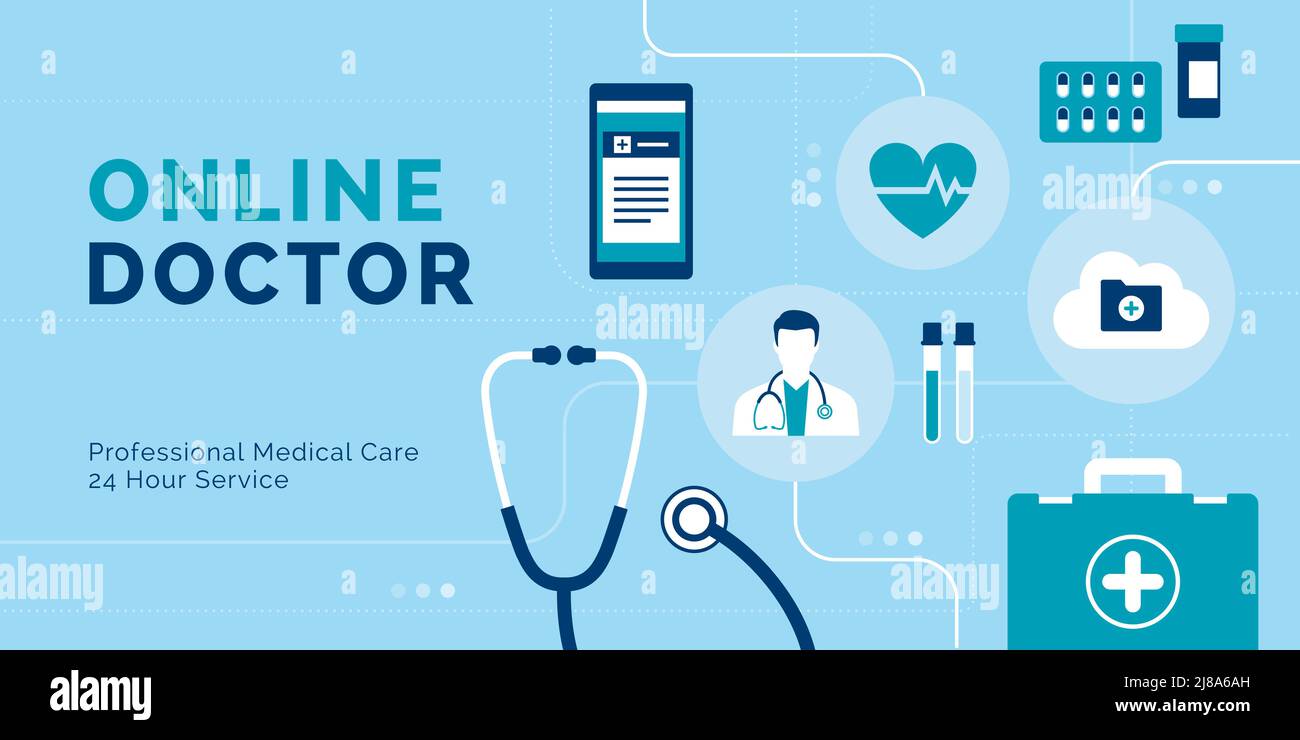 Banner online per medici e telemedicina, attrezzature mediche e icone Illustrazione Vettoriale