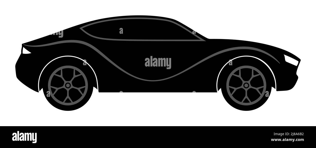Vista laterale vettura sportiva Coupé, silhouette vettoriale nera isolata su sfondo bianco. Illustrazione Vettoriale