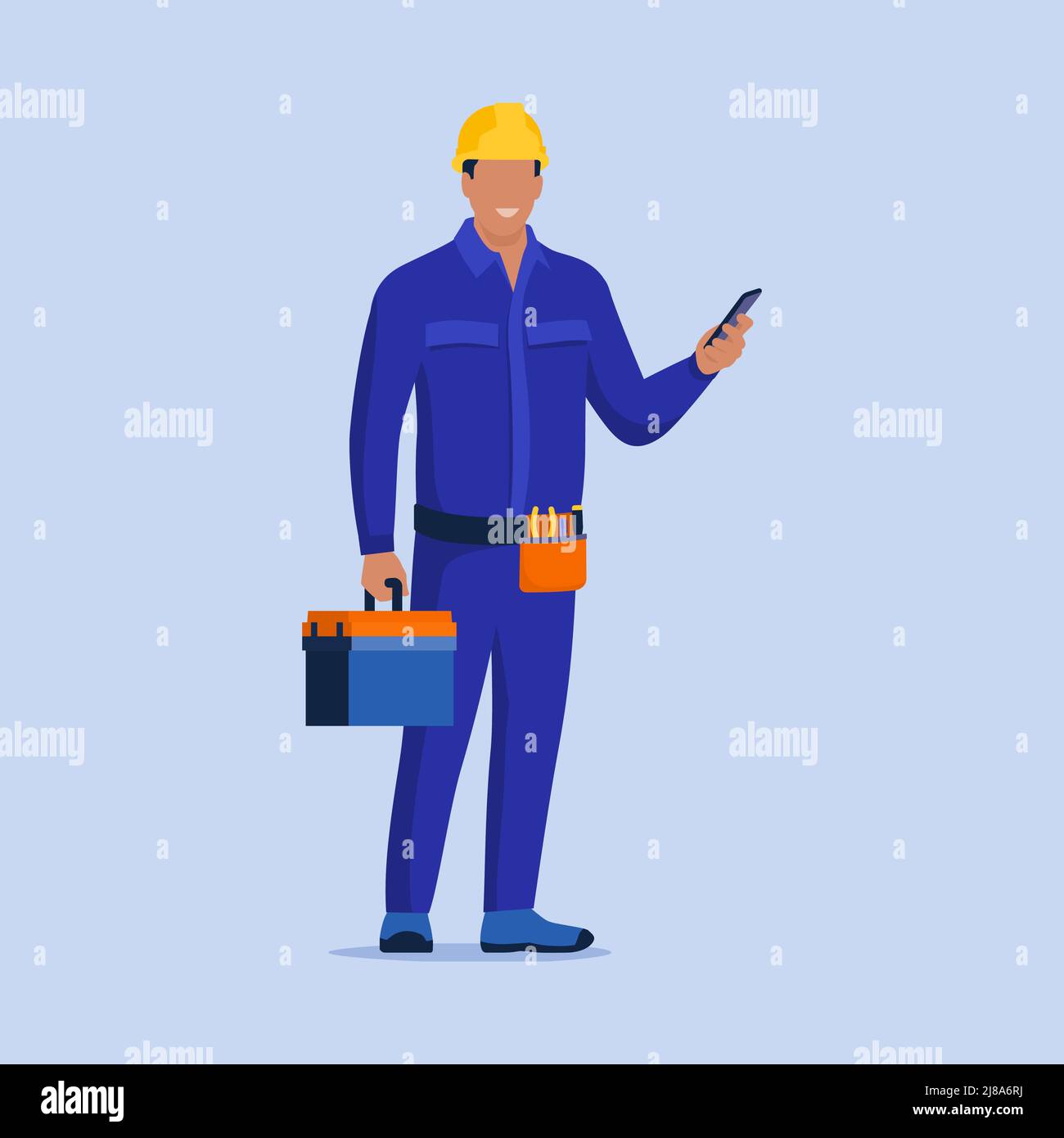 Elettricista che tiene uno smartphone e ricevere chiamate, servizio elettrico professionale su chiamata Illustrazione Vettoriale