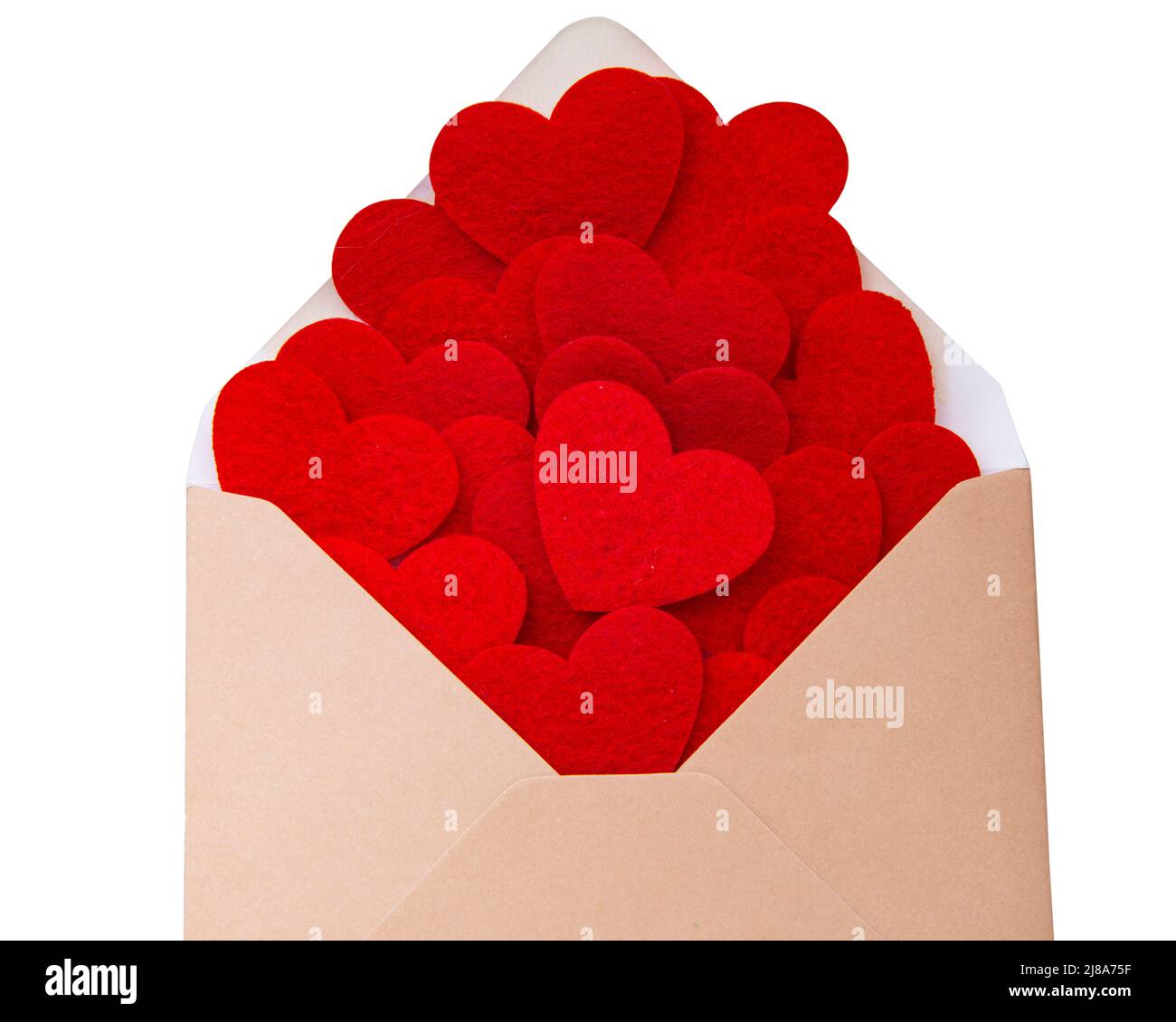 Busta artigianale marrone con cuori in feltro che riempiono isolato sul bianco Foto Stock