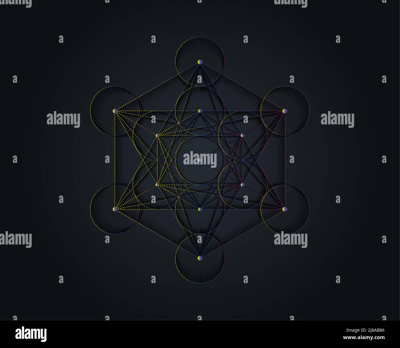 Metatron Cube, fiore della vita. Geometria sacra. Icona mistica platonica solidi Merkabah, disegno astratto geometrico colorato gradiente, crop cerchi segno. Illustrazione Vettoriale
