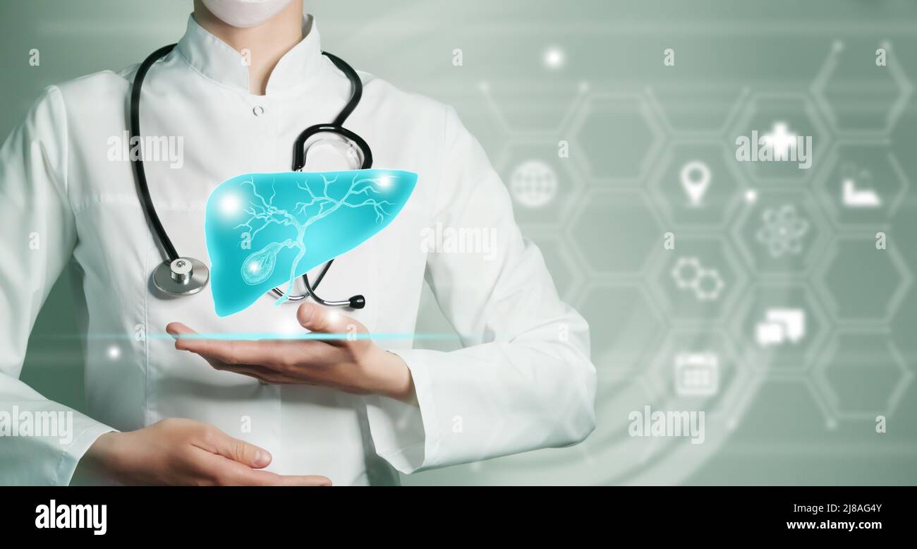 Telemedicina e il concetto di recupero della vescica di Gall umana. Tavolozza di colori turchesi, spazio di copia per il testo. Foto Stock