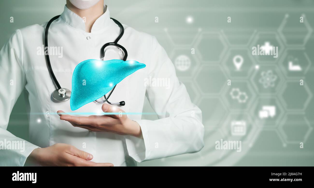 Telemedicina e il concetto di recupero del fegato umano. Tavolozza di colori turchesi, spazio di copia per il testo. Foto Stock