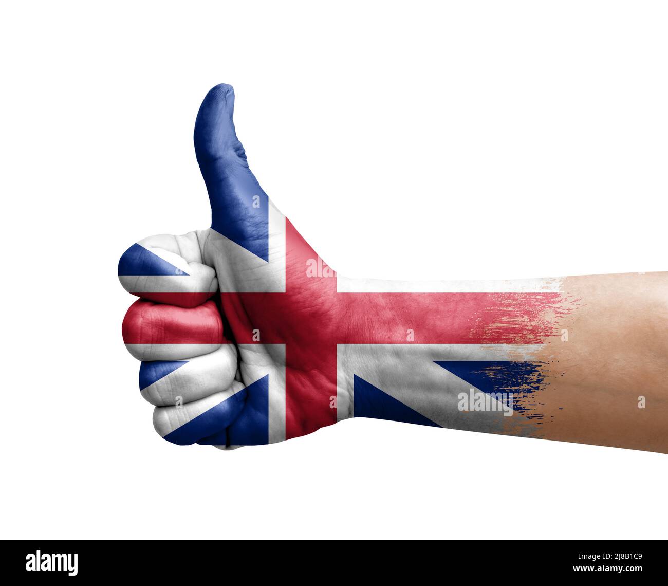 Mano facendo pollice su dipinto con bandiera della Gran bretagna Foto Stock