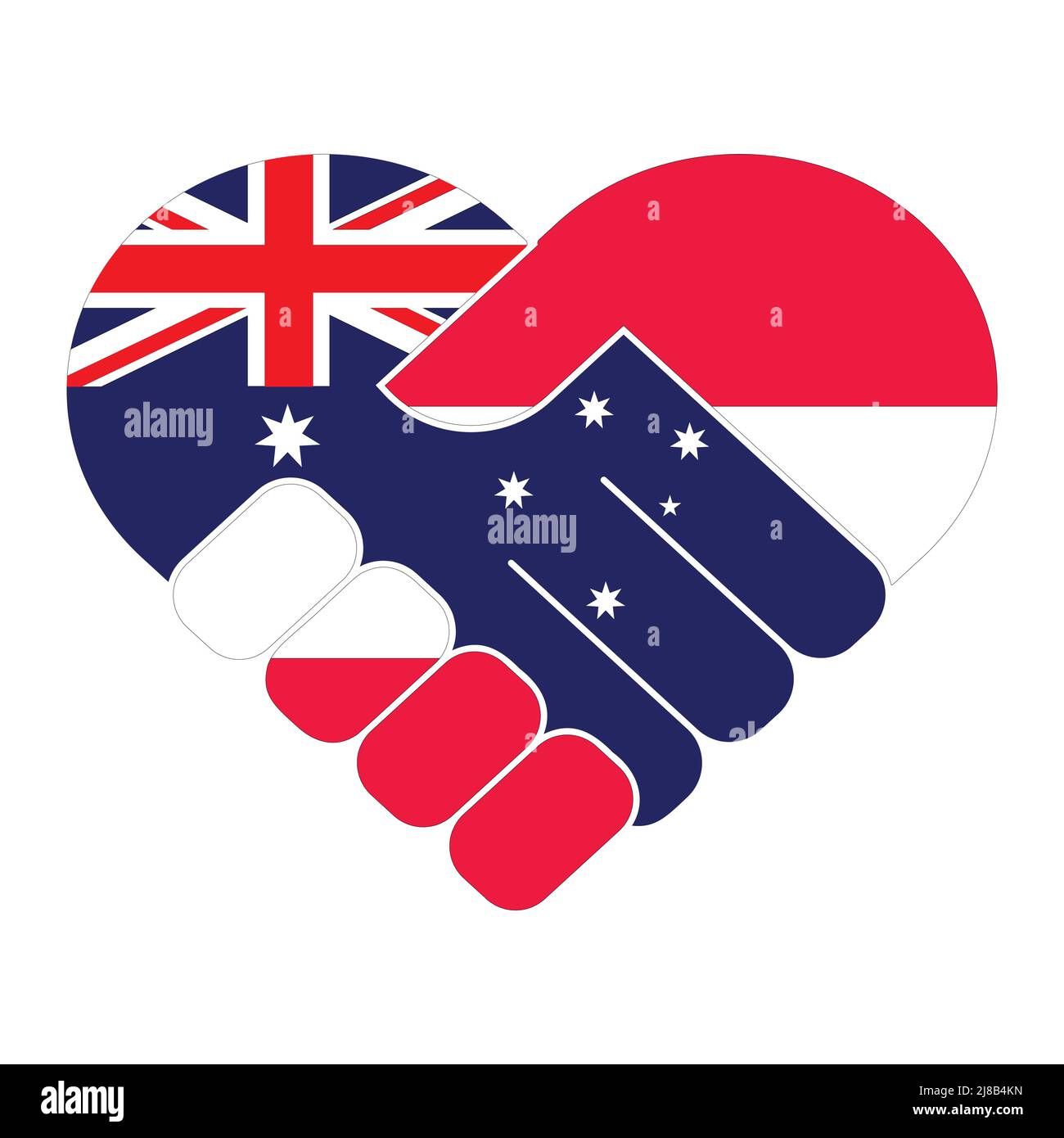 Simbolo della stretta di mano nei colori delle bandiere nazionali dell'Australia e dell'Austria, formando un cuore. Il concetto di pace, amicizia. Illustrazione Vettoriale