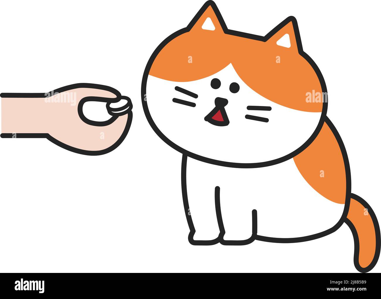 Cartoon Tabby Cat sta prendendo medicine dal proprietario. Illustrazione vettoriale isolata su sfondo bianco. Illustrazione Vettoriale