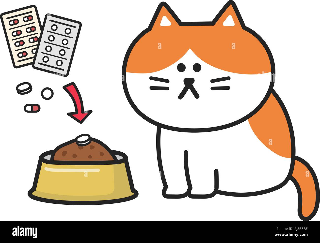 Proprietario di animali domestici che mescola medicinali con cibo per gatti cercando di curare un gatto arancione. Illustrazione vettoriale isolata su sfondo bianco. Illustrazione Vettoriale