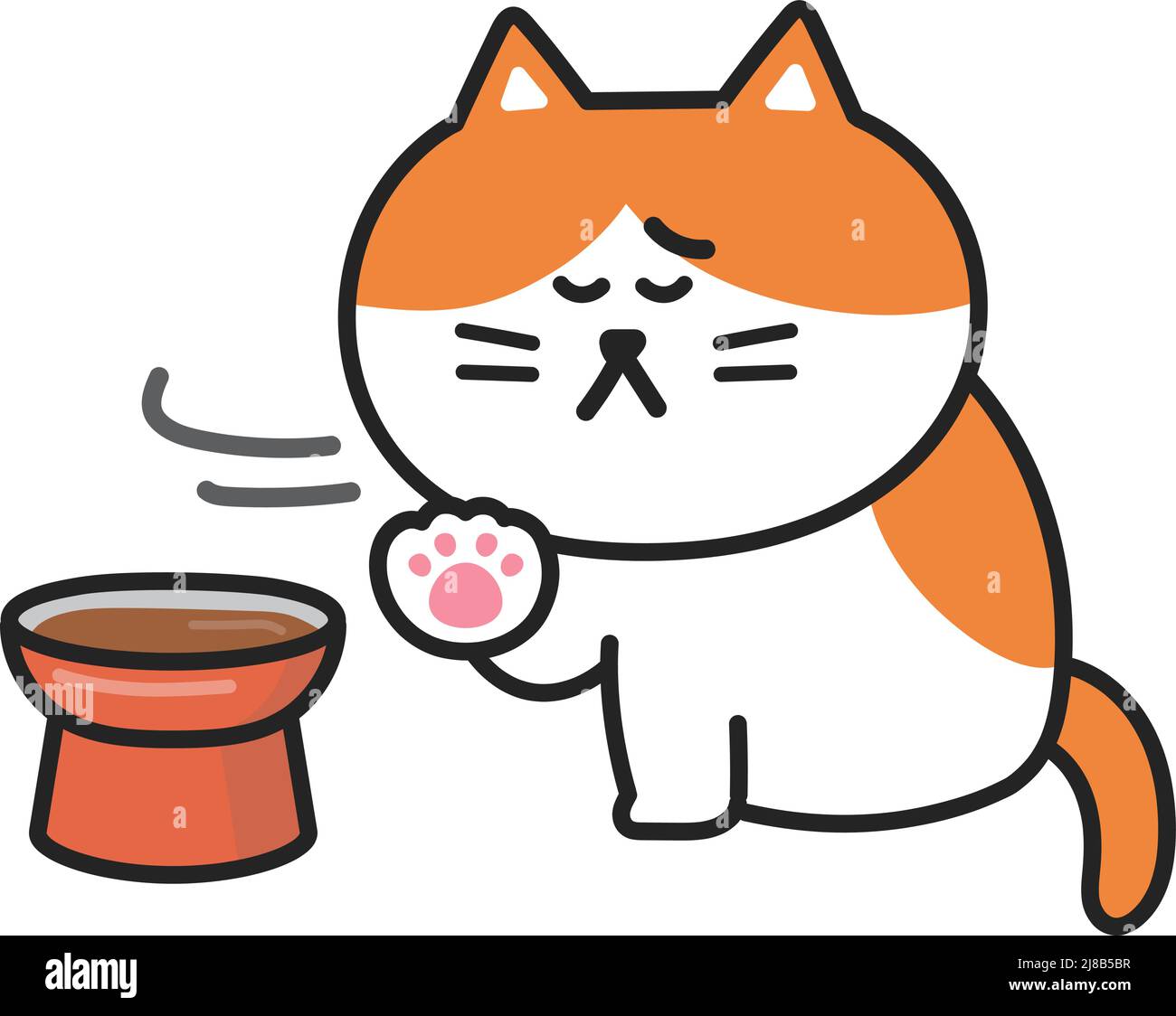 Il gatto del cartone animato non ha appetito e una ciotola per gatti. Illustrazione vettoriale isolata su sfondo bianco. Illustrazione Vettoriale