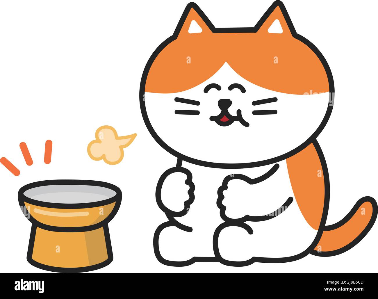 Il gatto tabby arancione è riempito felicemente con una ciotola vuota, illustrazione vettoriale. Illustrazione Vettoriale