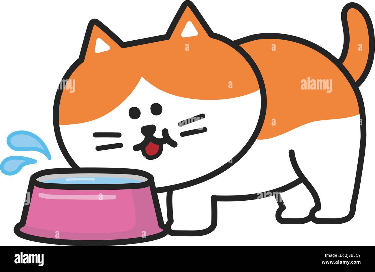 Un gatto sta bevendo l'acqua da una ciotola felicemente. Illustrazione vettoriale isolata su sfondo bianco. Illustrazione Vettoriale