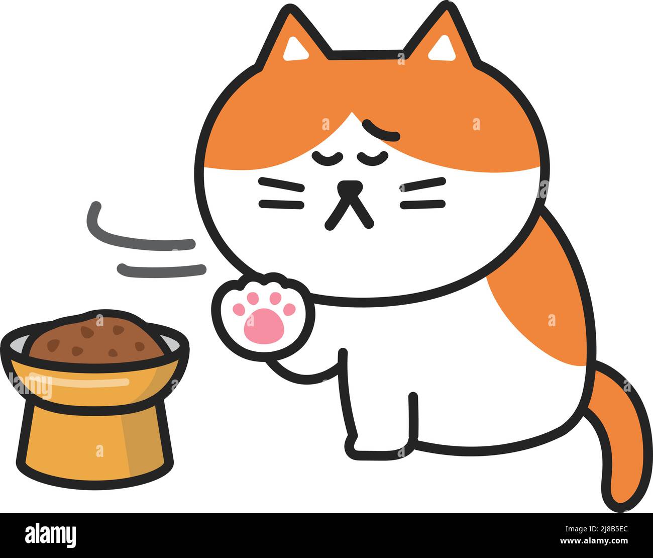 Il gatto del cartone animato non ha appetito con una ciotola elevata. Illustrazione vettoriale isolata su sfondo bianco. Illustrazione Vettoriale