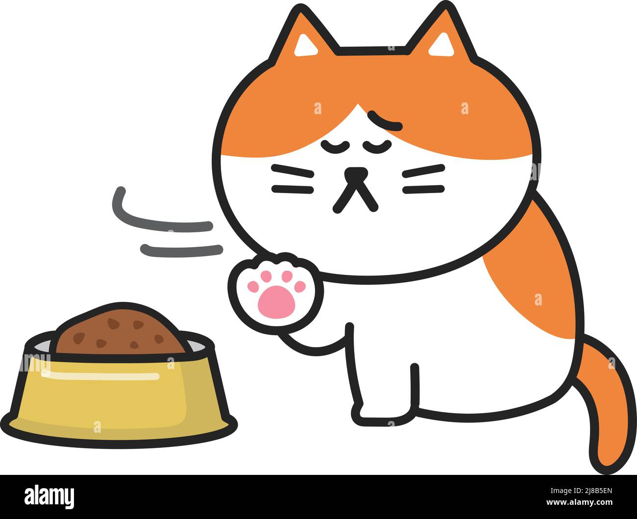Il gatto dei cartoni animati non ha appetito con una ciotola per animali domestici. Illustrazione vettoriale isolata su sfondo bianco. Illustrazione Vettoriale