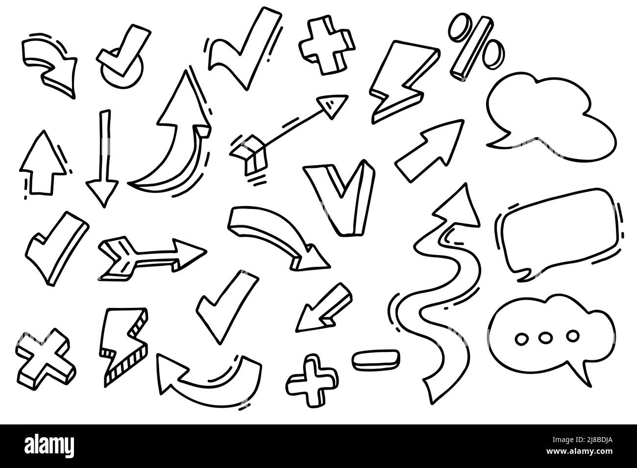 Set di elementi freccia. Illustrazione vettoriale. Simboli e segni, frecce di forma diversa e fumetto a bolle in stile lineare a mano. Per schizzo Illustrazione Vettoriale