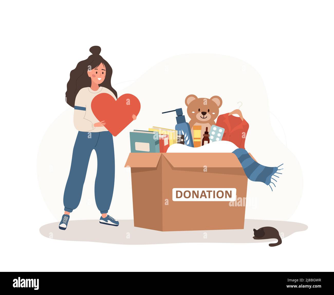 Scatola di donazione con vestiti, giocattoli, libri e medicinali. Donna di volontariato che tiene in mano il cuore. Condividi il tuo amore. Sostegno ai poveri e ai bambini Illustrazione Vettoriale