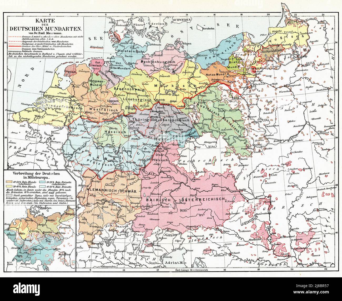Mappa della Germania che mostra regioni con dialetti diversi della lingua tedesca. Pubblicazione del libro 'Meyers Konversations-Lexikon', Volume 2, Lipsia, Germania, 1910 Foto Stock