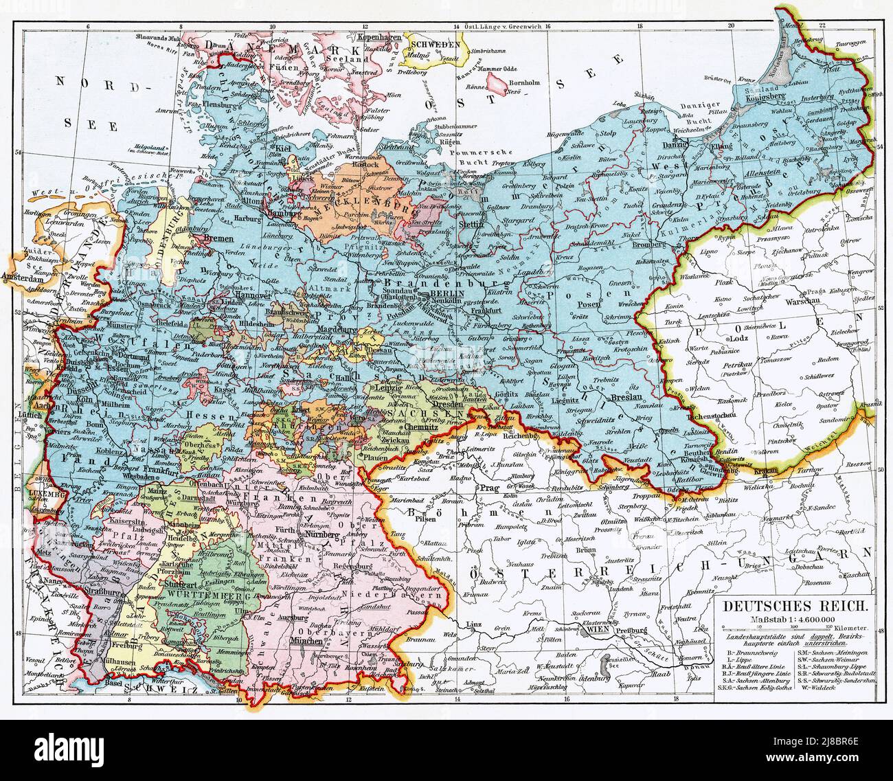 Mappa dell'Impero tedesco (Deutsches Kaiserreich). Pubblicazione del libro 'Meyers Konversations-Lexikon', Volume 2, Lipsia, Germania, 1910 Foto Stock