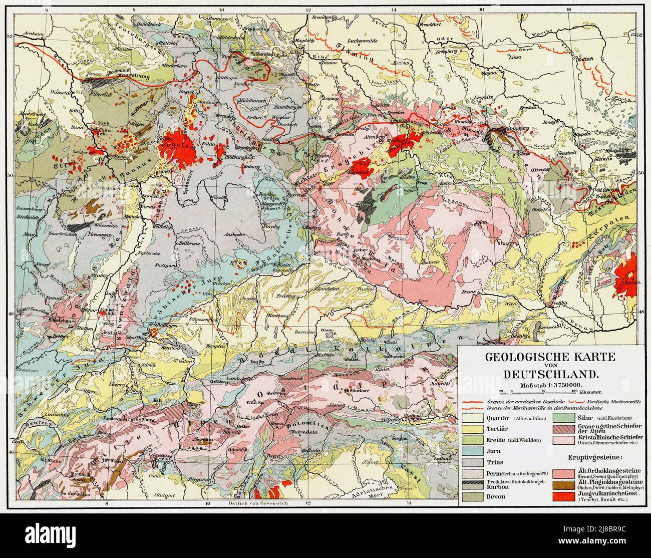 Mappa geologica della Germania. Pubblicazione del libro 'Meyers Konversations-Lexikon', Volume 2, Lipsia, Germania, 1910 Foto Stock