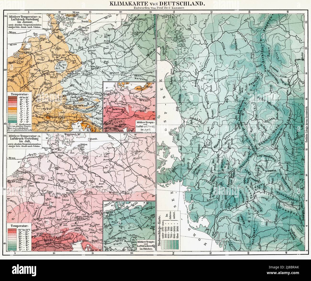 Mappa climatica della Germania. Pubblicazione del libro 'Meyers Konversations-Lexikon', Volume 2, Lipsia, Germania, 1910 Foto Stock