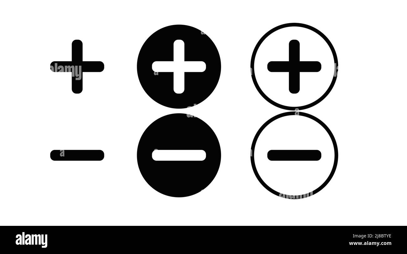 Set di icone più e meno. Illustrazione piatta modificabile in bianco e nero Illustrazione Vettoriale