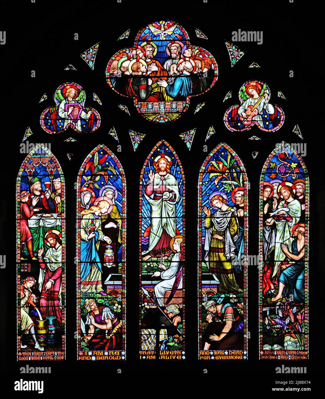 Una vetrata di Frederick Preedy raffigurante scene della vita di Cristo, Fladbury Church, Worcestershire Foto Stock