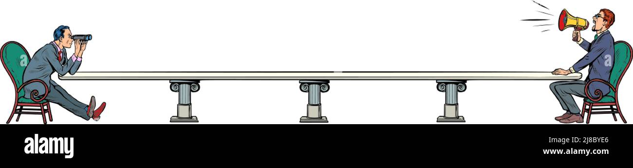 Negoziati commerciali, riunione. Politica diplomazia in stile russo quarantena cremlino. Pop art retro illustrazione vettoriale comic caricatura 50s 60s stile Illustrazione Vettoriale