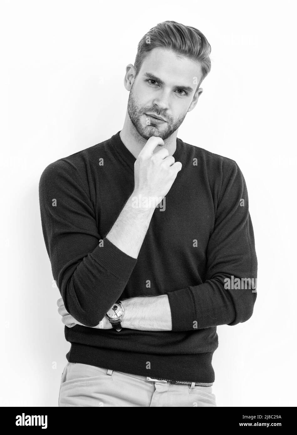 Barbering è uno stile di vita. L'uomo serio non rasa il mento. Restate aggiornati nel barbering Foto Stock