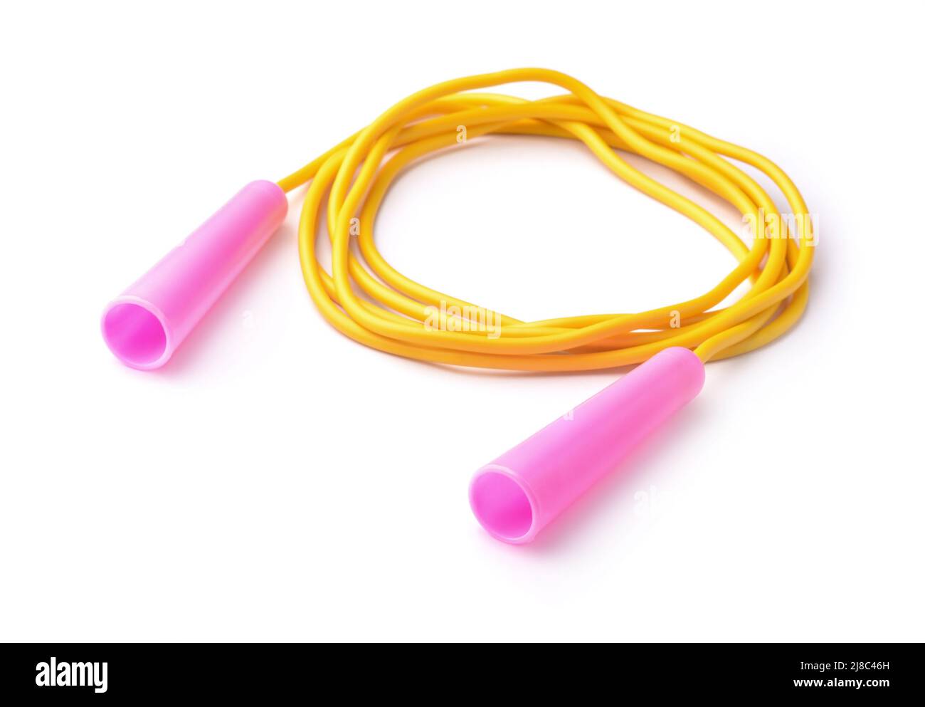 Cavo di collegamento in plastica giallo isolato su bianco Foto Stock