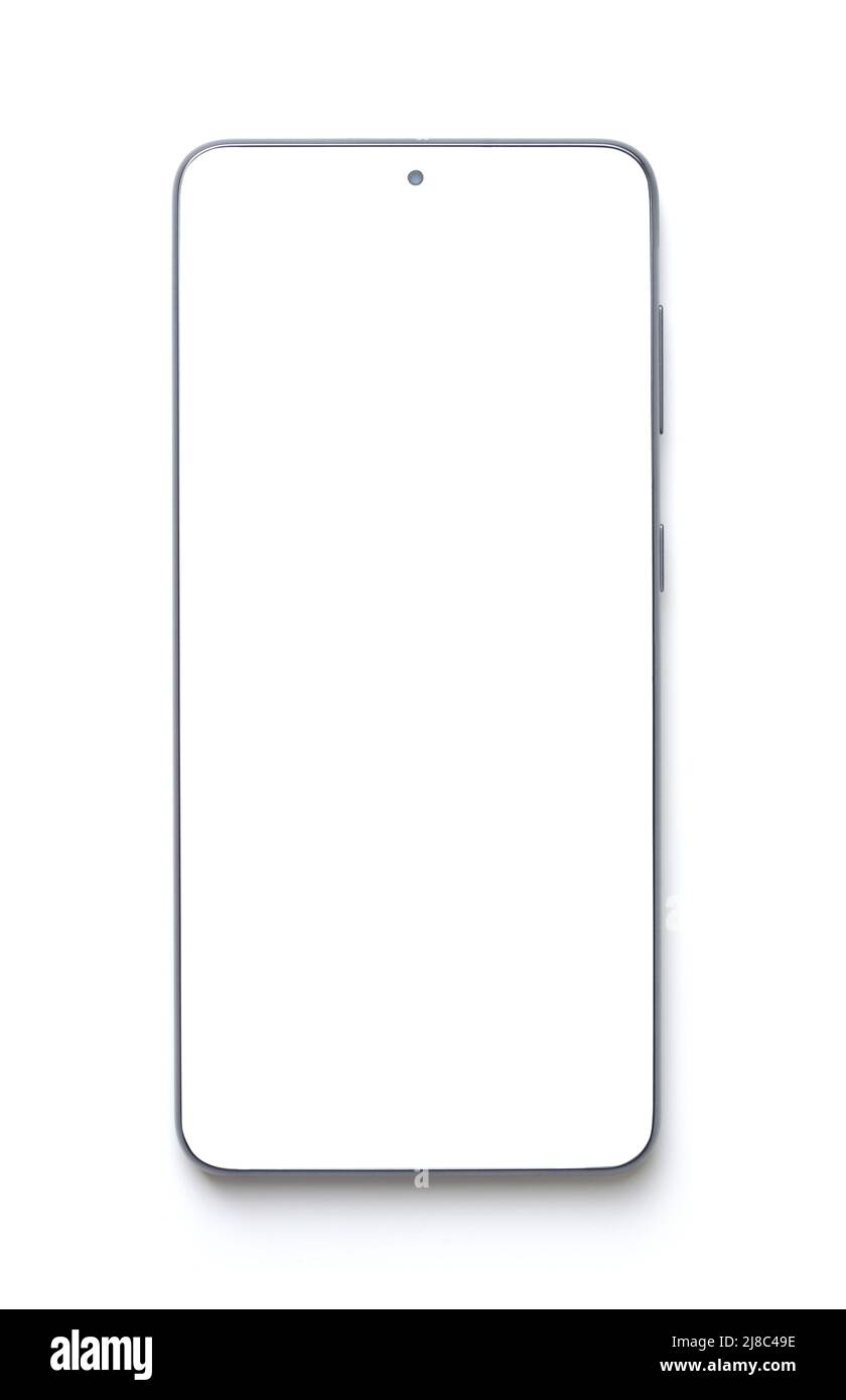 Vista frontale del moderno smartphone senza telaio con schermo vuoto isolato su bianco Foto Stock
