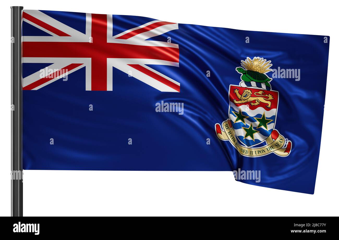 Bandiera nazionale delle Isole Cayman che sventola nel vento. Isolato su sfondo bianco 3D illustrazione Foto Stock