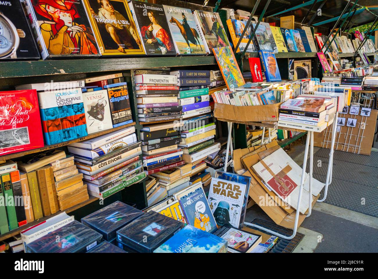 Parigi, Francia, esposizione di libri antichi in vendita, venditore di libri sul fiume Quai de Seine, Street, Bouquiniste, librerie in strada, librerie di letteratura a parigi, librerie francesi Foto Stock