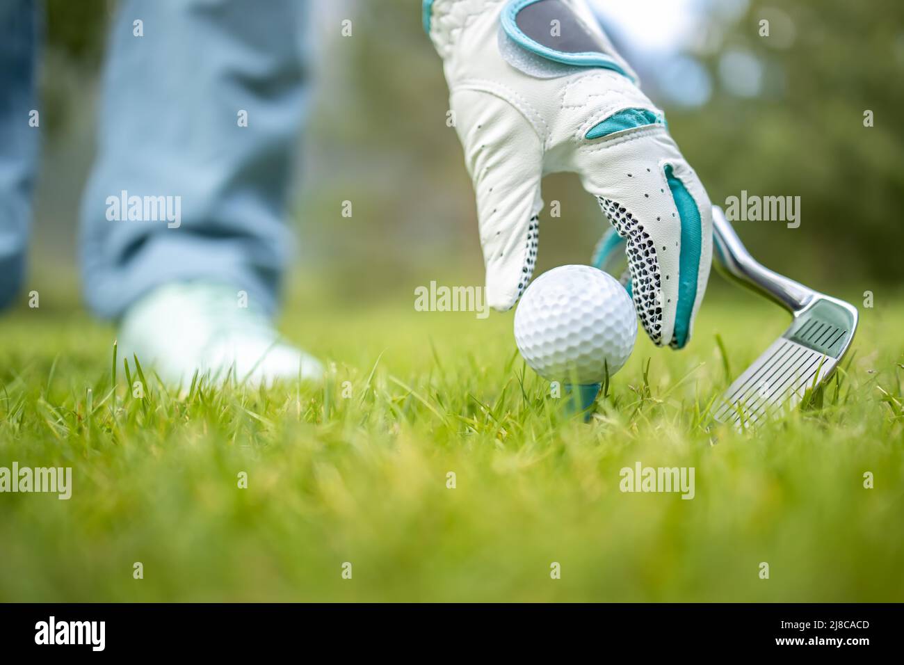 Mano nel guanto posizionando la pallina da golf sul raccordo a T Foto Stock