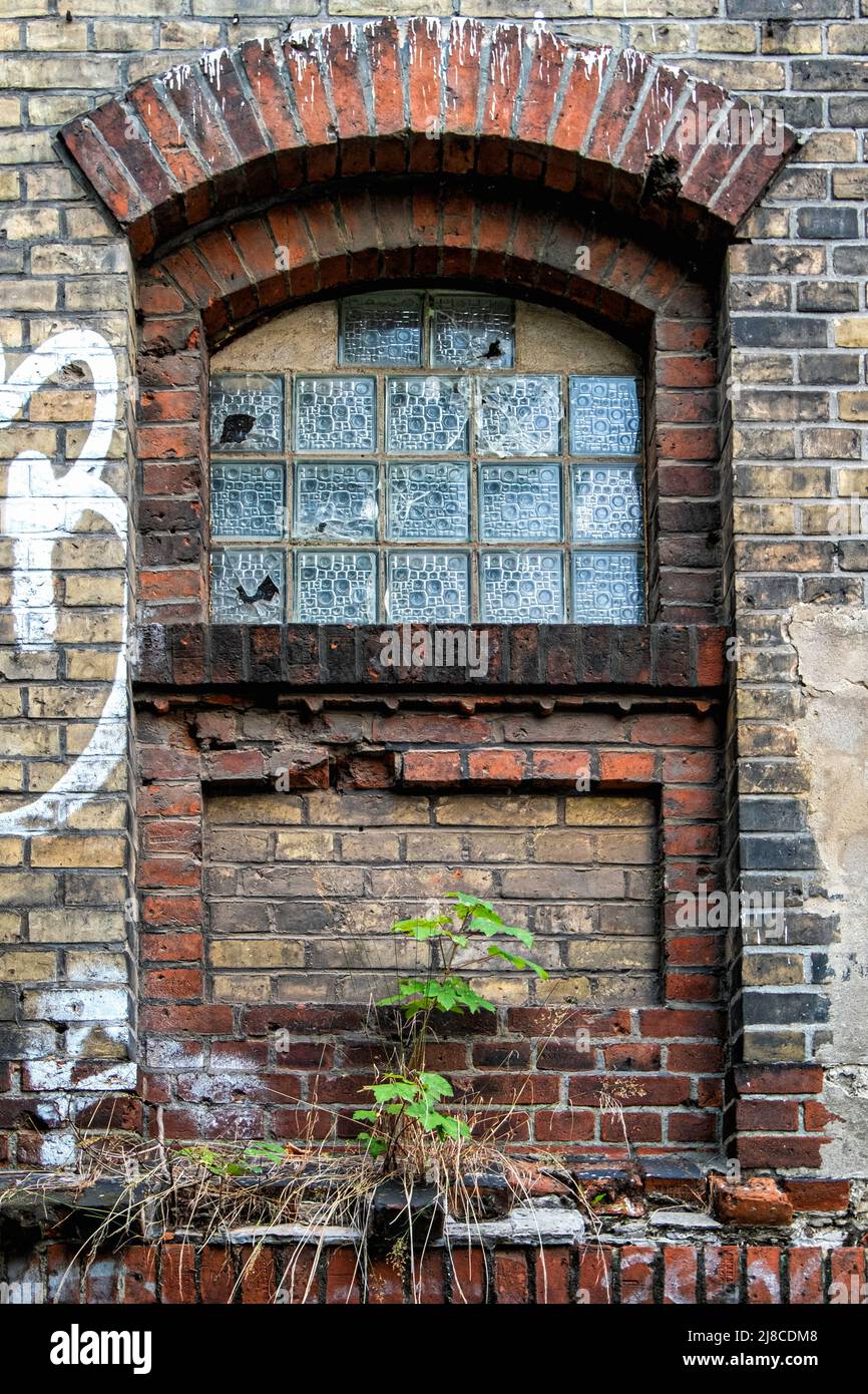 Lo storico edificio della birreria Aktienbrauerei Friedrichshöhe a Friederichshain-Berlino. Dettaglio finestra interrotto Georg Patzenhofer ha aperto una cantina di stoccaggio e una birreria sul sito nel 1850s. La birreria esisteva qui per più di un 100ayears. È stato rinominato e fuso, ma la birreria VEB Schultheiss ha prodotto birra qui fino al 1991. Alcuni edifici sono stati demoliti nel 2006/2007 e sostituiti da edifici residenziali. Gli edifici rimanenti sono elencati monumenti. La maggior parte degli edifici sono stati progettati dagli architetti Max Alterthum & Salo Zadek. L'intero complesso Foto Stock