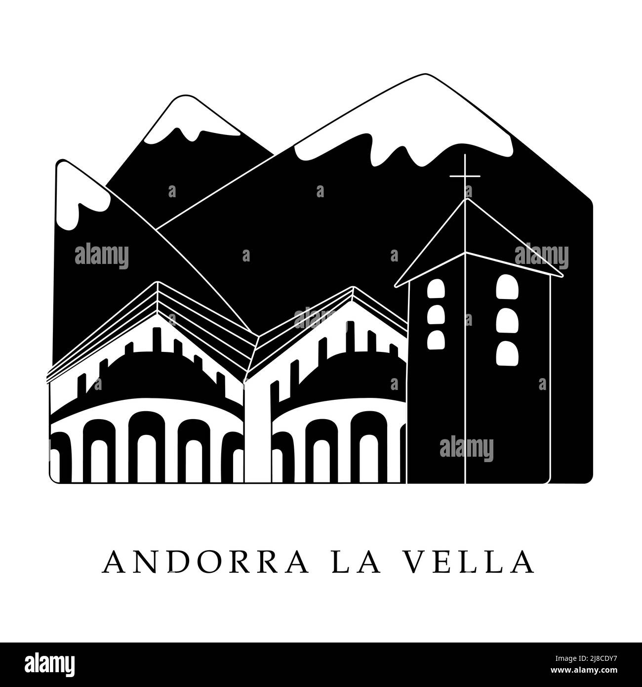 Capitali europee, Andorra la Vella. Illustrazione in bianco e nero Illustrazione Vettoriale