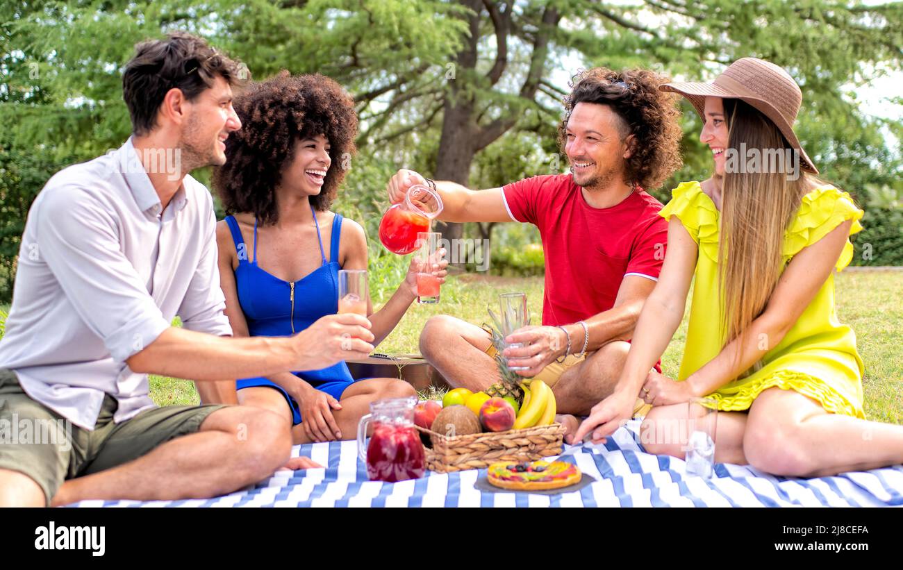 picnic all'aperto per le vacanze estive. gruppo multirazziale di amici che hanno cibo e bevande adagiato su una coperta in un giardino del parco. gente dolce pausa godendo Foto Stock