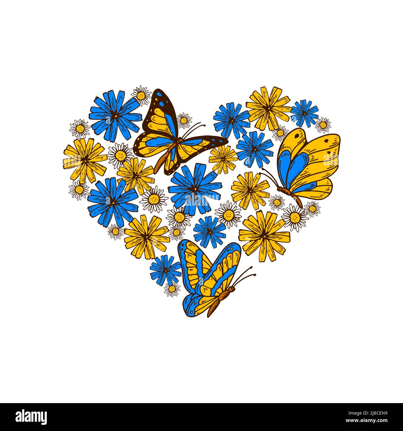 Cuore in bandiera Ucraina giallo e blu colori. Contro il concetto di guerra. Stand con il design Ucraina. Illustrazione vettoriale disegnata a mano Illustrazione Vettoriale