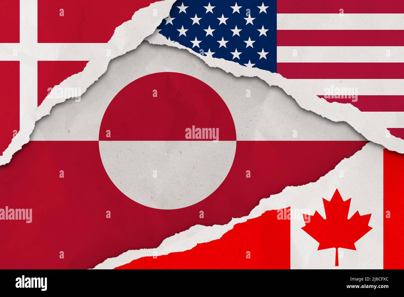 Stati Uniti, Danimarca e Canada bandiera strappato carta grunge sfondo. Economia, politica conflitti concetto texture background Foto Stock