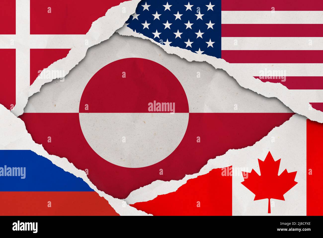 Stati Uniti, Danimarca, Russia e Canada bandiera strappato carta grunge sfondo. Economia, politica conflitti concetto texture background Foto Stock